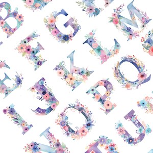 May include: Watercolor alphabet letters with floral designs in shades of pink, purple, and blue. Each letter is surrounded by flowers and leaves.