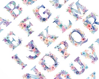 May include: Watercolor alphabet letters with floral designs in shades of pink, purple, and blue. Each letter is surrounded by flowers and leaves.