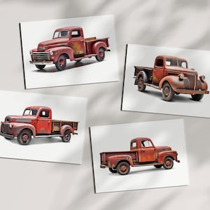 4 camionnettes pick-up vintage rouge rouillé éphémères imprimables PNG, scrapbooking, journal indésirable, collage, fournitures d'artisanat en papier impression de camion rétro