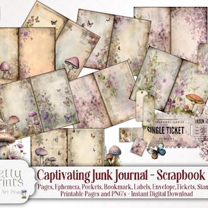 Enchanted Garden Junk Journal Kit - Shabby Chic Vintage Pink Scrapbook, 100+ Ephemera Mushrooms, Butterflies, Printable Digital Craft Pack