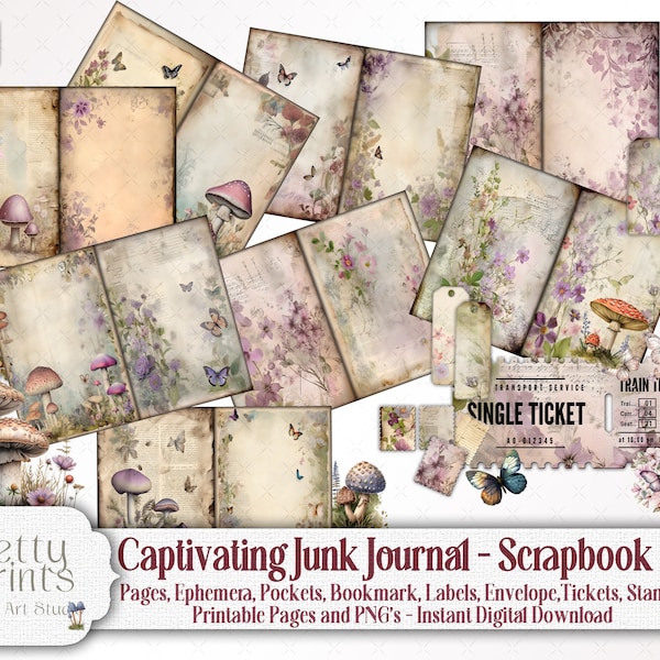 Vintage Pink Garden Junk Journal Shabby Chic Vintage Bundle, 100+ Ephemera Mushrooms, Toadstools, Flowers, Butterflies, Scrapbook, Craft ATC