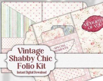 May include: A vintage shabby chic folio kit with patterned papers in soft pink, green, and cream. The designs include florals, polka dots, and stripes. The kit includes tags with the phrases "Memories of You" and "Special Moments".