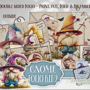 May include: A whimsical illustration of a gnome-themed folio kit. The design features gnomes with colorful hats, surrounded by floral and mushroom elements. Text includes "Double Sided Folio" and "Gnome Folio Kit 2".