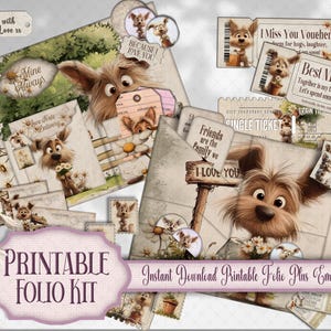 Schattige puppy hond junk Journal Folio Kit, leuke afdrukbare aandenken cadeau ambachtelijke levering, kortstondige, papieren kaart invoegen, plakboek, kaarten maken