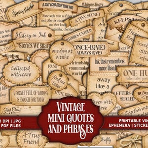 May include: A collection of vintage-style tags and labels with quotes and phrases. The tags are various shapes and sizes, with a distressed, aged appearance. The color palette is primarily beige and brown, with handwritten-style text.