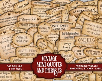 Vintage Little Words and Mini Phrases Ephemera labels: Junk Journal Scrapbook Fussy Cuts for Print and Cut Paper Craft - Digital Download