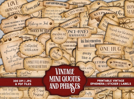 Vintage Little Words and Mini Phrases Ephemera labels: Junk Journal Scrapbook Fussy Cuts for Print and Cut Paper Craft - Digital Download