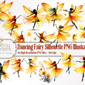 Dancing Yellow Fairy Silhouette Clip Art bundle, Digital Download, Fantasy Clipart, Cute Fairies png for Stationery, Craft, Cards, Journal