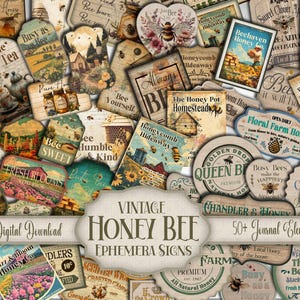 May include: Vintage honey bee themed digital ephemera signs with a rustic, farmhouse aesthetic. The signs feature various designs with text such as "Honeycomb Hideaway", "Queen Bee", "Bee Sweet", and "Floral Farm Honey".