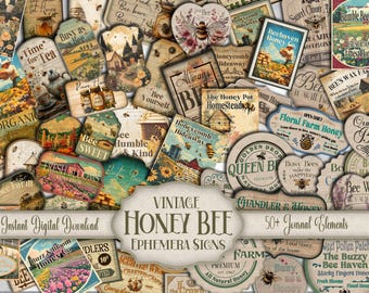 Bee Fussy Cut Signs & Labels: Retro Honey Ephemera Stickers | Junk Journal Bumble Bee Cluster Embellishments | Printable Digital Download