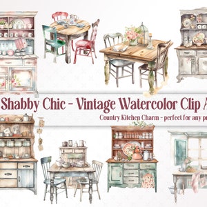 Meubles de cuisine vintage de maison de campagne - aquarelle de cuisine shabby chic à téléchargements PNG, élégance vintage rencontre charme de ferme.