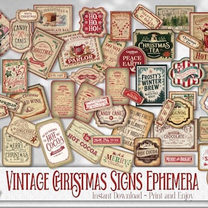 Vintage kerstbordlabels, kerstephemera, vakantie ongewenste dagboek versiering woorden tags, feestelijke afdrukbare digitale vakantie ambacht