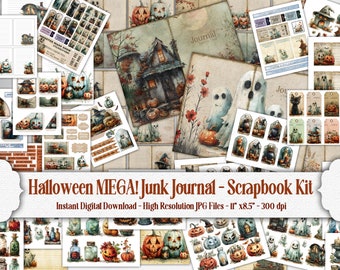 Halloween Junk Journal Kit, Fun Ghostly Scrapbook Backgrounds, Spooky Ephemera, Pumpkin Tags, Haunted House DIY Paper Craft, Ghosts Witches