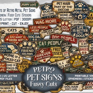 Retro Pet Tag Ephemera Signs: Pet Rescue Junk Journal - Scrapbook Fussy Cuts - Stickers for Print and Cut Paper Craft - Digital Download