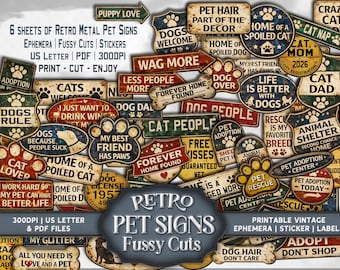 Retro Pet Tag Ephemera Signs: Pet Rescue Junk Journal - Scrapbook Fussy Cuts - Stickers for Print and Cut Paper Craft - Digital Download
