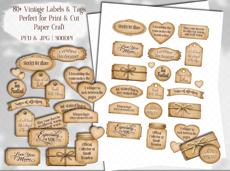 Vintage Sepia Collection of Meaningful Words, Quotes and Phrases to tuck away and add a touch of whimsy to your junk journal, scrapbook or creative paper projects. 
Printable Ephemera pack for Card making, Collage, and Clusters. Vintage-inspired tickets, stubs, tags, and various Shabby-style labels, fussy cuts, embellishments - Perfect for crafting and print and cut projects.
