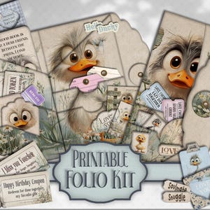 Leuke Duck Folio Kit dubbelzijdig afdrukbaar aandenken cadeau, ambachtelijke levering, gevederde ephemera, digitaal plakboek, papieren invoeging, kaarten maken