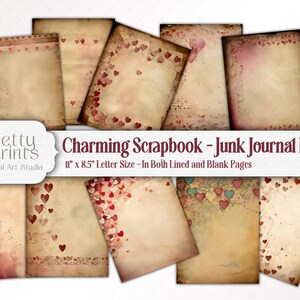 Papel de álbum de recortes imprimible de San Valentín vintage, páginas de collage prefabricadas para diario basura, papelería con cartas de amor digitales de estilo shabby chic con corazones románticos