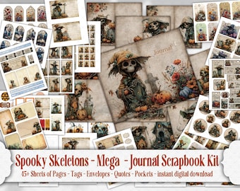 Haunted Halloween Junk Journal: Haunted Skeleton Scrapbook, Fully Loaded 50 + Mix & Match Sheets - Printable Digital Download