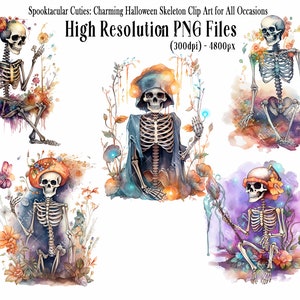 かわいいハロウィーンのスケルトンのクリップアート - カード、招待状、プリント、スクラップブック、日記、死者の日のためのかわいいホーカス ポーカスの不気味な大きな PNG