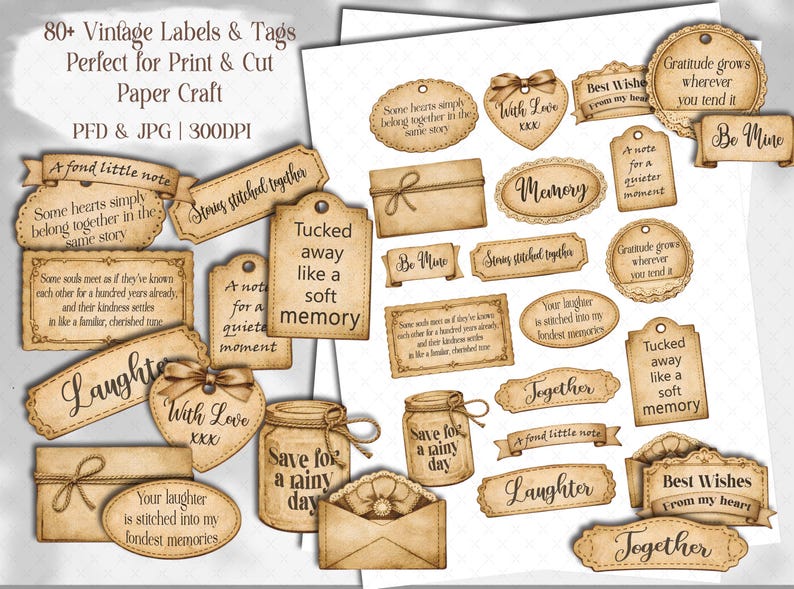 Vintage Sepia Collection of Meaningful Words, Quotes and Phrases to tuck away and add a touch of whimsy to your junk journal, scrapbook or creative paper projects. 
Printable Ephemera pack for Card making, Collage, and Clusters. Vintage-inspired tickets, stubs, tags, and various Shabby-style labels, fussy cuts, embellishments - Perfect for crafting and print and cut projects.