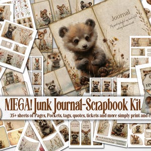 Adorable Woodland Baby Animal Junk Journal Kit, Printable Scrapbook Ephemera, Collage Sheet DIY Paper Craft Essentials, Pre Made Nature Page