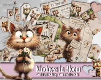 May include: A digital craft kit titled Kindness in Bloom featuring illustrations of fluffy brown cats with large eyes, daisies, and various paper ephemera including tags, postcards, and coupons with text like Best Friend Token and Coffee & Gossip.