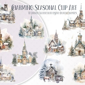 Festive Snowy Winter Church Clip Art Bundle, PNG Download, Digital Collage Art, Junk Journal Vintage Christmas, Christmas Printable ACT