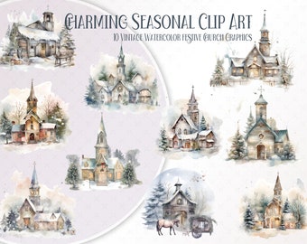Winter Church Graphics Pack: Snowy Christmas High Resolution 300dpi PNG illustrations - Printable Digital Download