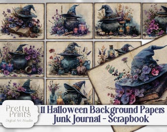 Witch Vibes Halloween Digital Journal background, Printable Download- Spooky Digital Craft Scrapbook Printable Paper Dark, Black Background