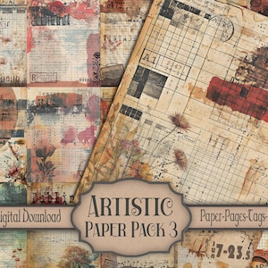 Artistic Ledger Junk Journal Paper Pack 3 - Grunge gefärbter druckbarer Scrapbook-Hintergrund, Collage-Craft-Supply, Ephemera, Tags, Kartenherstellung