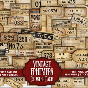 May include: A collection of vintage ephemera, including tickets, labels, and tags, in various shapes and sizes. The items feature aged paper textures, with text and numbers in a mix of fonts. A red banner reads "Vintage Ephemera Cluster Pack."