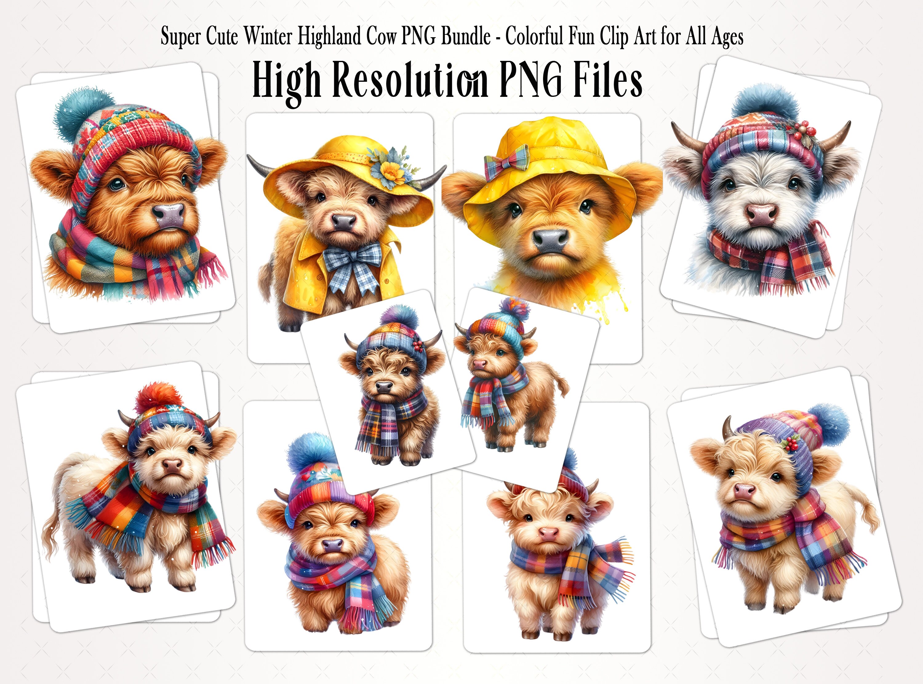 10 Cute Cozy Winter Highland Cow PNG Clip Art Bundle, Instant Digital ...