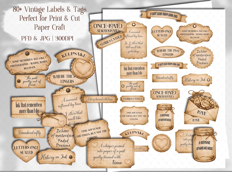 Vintage Sepia Collection of Meaningful Words, Quotes and Phrases to tuck away and add a touch of whimsy to your junk journal, scrapbook or creative paper projects. 
Printable Ephemera pack for Card making, Collage, and Clusters. Vintage-inspired tickets, stubs, tags, and various Shabby-style labels, fussy cuts, embellishments - Perfect for crafting and print and cut projects.