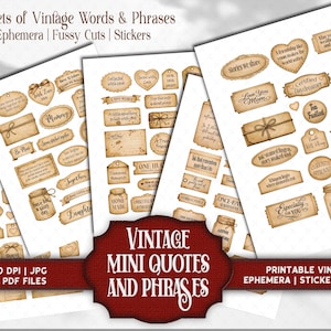 Vintage Sepia Collection of Meaningful Words, Quotes and Phrases to tuck away and add a touch of whimsy to your junk journal, scrapbook or creative paper projects. 
Printable Ephemera pack for Card making, Collage, and Clusters. Vintage-inspired tickets, stubs, tags, and various Shabby-style labels, fussy cuts, embellishments - Perfect for crafting and print and cut projects.