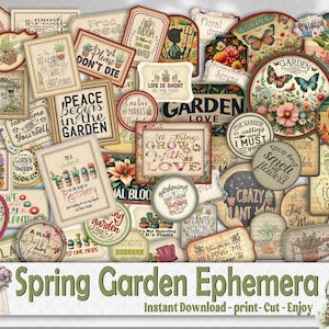 Vintage Garden Ephemera Word Labels, Spring Farmhouse Sign, flower Junk Journal Quotes, Shabby Chic Printable Scrapbook Craft, Cards Making
