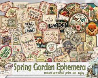 Garden Fussy Cut Ephemera: Spring Flower Farmhouse Junk Journal Quotes, Printable stickers | Cluster Paper Craft - Digital Download