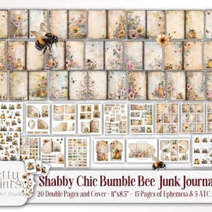 May include: A digital junk journal kit with a shabby chic theme featuring bumblebees, flowers, and jars. The kit includes 20 double pages and a cover, 15 pages of ephemera, and 5 ATC sheets. All images are in PNG format.