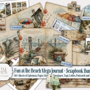 On the Beach Mega Junk Journal Kit, Seaside Adventure, Coastal Theme Holiday Scrapbook Ephemera - Craft Supplies, Vintage Printable Download