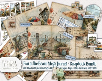 Könnte beinhalten: Ein digitales Scrapbooking-Set mit Strandthema. Das Set enthält über 80 Blätter mit Ephemera, Seiten, Umschlägen, Etiketten, Labels, Postkarten und mehr. Das Set zeigt eine Vielzahl von Bildern, darunter einen Steg, ein Strandhaus, einen Sonnenschirm und eine Strandszene mit Sandburgen. Das Set ist perfekt für Scrapbooking, Kartenherstellung und andere Papierarbeiten.