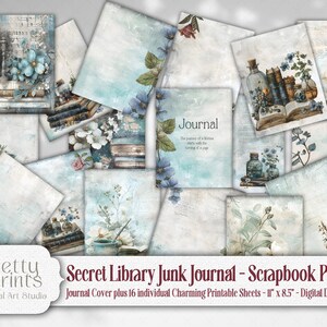 Puede incluir: Una descarga digital de 17 páginas de álbum de recortes imprimibles con un tema de biblioteca vintage en tonos azules y blancos. Las páginas incluyen imágenes de libros, flores y botellas. El texto "Journal" aparece en una de las páginas. Las páginas miden 28 cm x 21,5 cm.