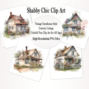 Vintage tuin landhuisje - Shabby Chic aquarel illustraties afdrukbaar, levering vintage kaarten maken, boerderij charme, plattelandstuin