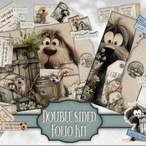 Folding Dog Folio Kit Dubbelzijdig afdrukbaar aandenken cadeau, knutselbenodigdheden, Puppy Mutt Ephemera, digitaal plakboek, papieren bijvoegsel, kaarten maken