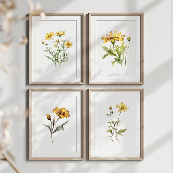 Bright Yellow Spring Flower Watercolor illustrations, Detailed Botanical Prints, Seasonal Floral blooms for home decor, Printable Download.