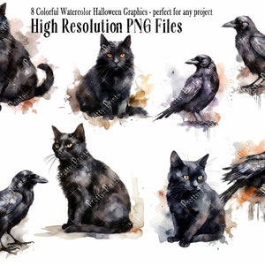 Clipart de vacances - graphismes Halloween sorcières chat et corbeau - grand format PNG pour cartes, invitations, impressions, scrapbooking, journalisation, automne, automne