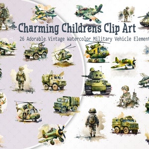 26 Children&#39;s Military Digital Images - Army Vehicle Printable Clip Art Bundle, Cute Soldier Prints, GI Joe Helicopter Tanks and Trucks