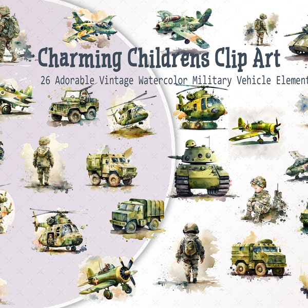 26 Cute Military PNG Illistrations Army Vehicle Clip Art Bundle, Cute Soldier, Trucks, Aircraft, Helicopters, Tanks, Boys Army gifts card