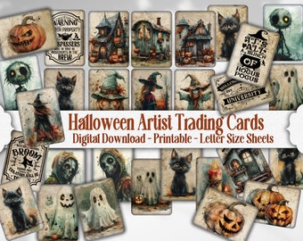 May include: A set of 16 printable Halloween trading cards featuring spooky illustrations of ghosts, witches, pumpkins, and black cats. The cards are designed in a vintage style with a distressed background and handwritten text. The text on the cards includes "Warning Witch Property", "It's All A Bunch Of Hocus Pocus", and "Halloween University".