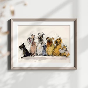 May include: A framed print of a watercolor illustration featuring seven dogs of various breeds, all looking up. The dogs are drawn in a whimsical style with expressive faces and fluffy fur. The background is a light beige color.