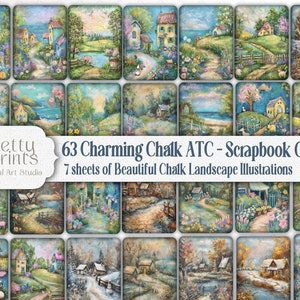 Chalk Style Country Village ATC, Álbum de recortes, Tarjetas de diario basura, 7 hojas imprimibles Countrycore, Vintage Charm Ephemera, Collage